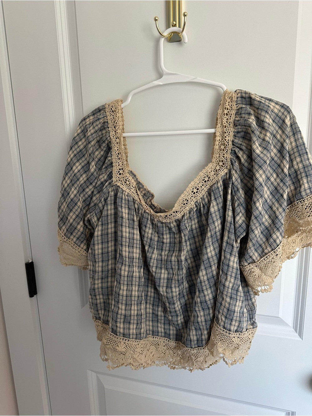 Bohme Blue and Cream Plaid Lace-Trim Square Neck Blouse - Picture 3 of 4